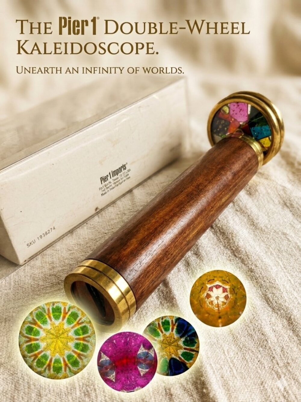 Vintage Pier 1 Imports Double Wheel Wooden Kaleidoscope Brass & Wood Teak Style